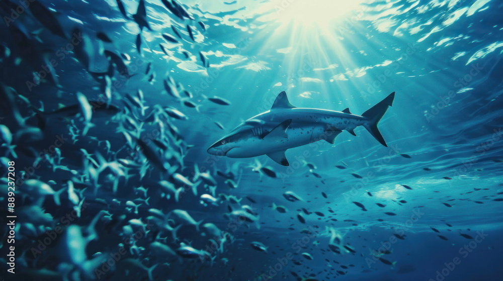 Fototapeta premium Shark and tiny fishes swimming together in the vast ocean expanse