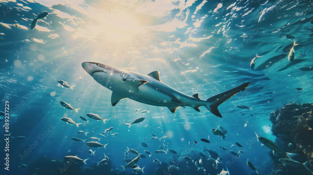 Shark and tiny fishes swimming together in the vast ocean expanse Shark and tiny fishes swimming together in the vast ocean expanse