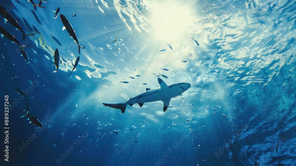 Fototapeta premium Shark and tiny fishes swimming together in the vast ocean expanse