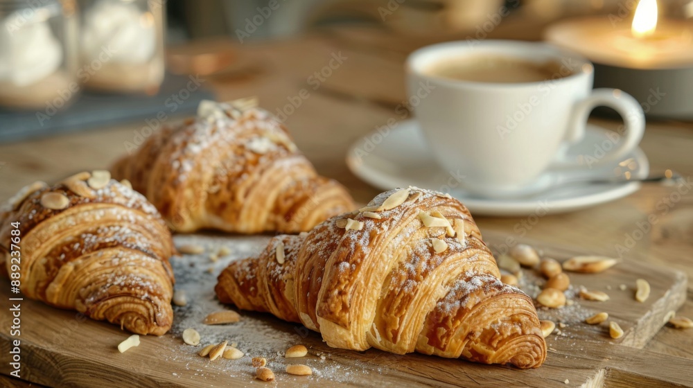 Freshly baked almond croissants on a wooden board, with a cup of espresso in the background. Freshly baked almond croissants on a wooden board, with a cup of espresso in the background.