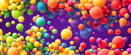 Colorful rainbow gradient matte soft balls in different sizes. Many abstract bright multicolored flying balloons or spheres for kids zone, children's playroom or party decoration. Vector illustration