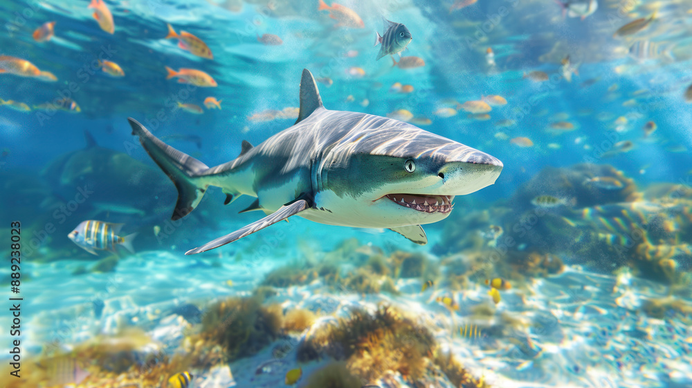 Fototapeta premium Shark swimming with a school of small fishes in the clear ocean waters