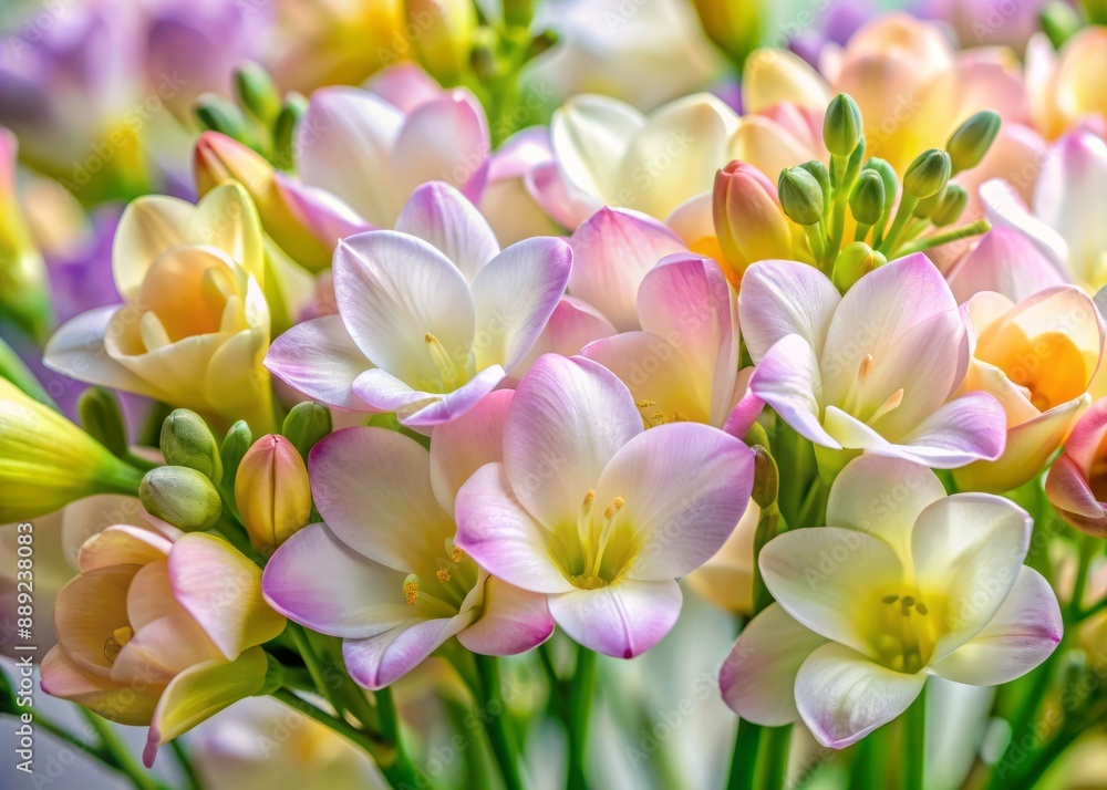 Delicate pastel-hued freesia blooms fill the frame, their intricate details and soft, gentle petals exuding elegance and a sweet, captivating fragrance in this intimate close-up shot. Delicate pastel-hued freesia blooms fill the frame, their intricate details and soft, gentle petals exuding elegance and a sweet, captivating fragrance in this intimate close-up shot.