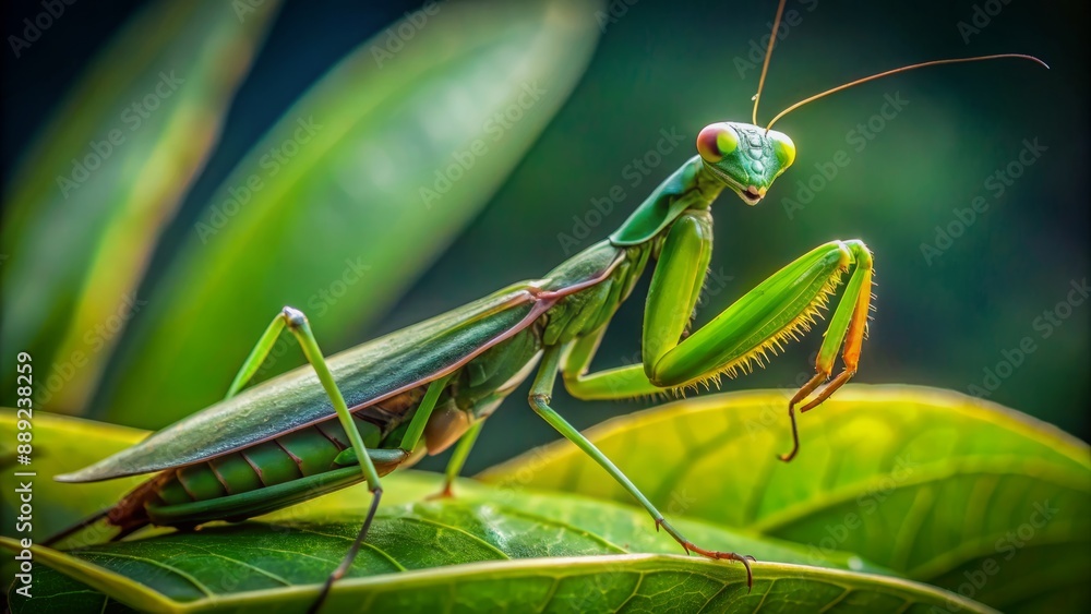 Vibrant green praying mantis perches on leaf, delicate legs splayed, spiked forelegs clasped in contemplation, ancient eyes gaze upward with serene intensity. Vibrant green praying mantis perches on leaf, delicate legs splayed, spiked forelegs clasped in contemplation, ancient eyes gaze upward with serene intensity.