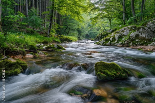 Mountain Stream. Serene River Flowing Through Lush Green Forest and Rocks
