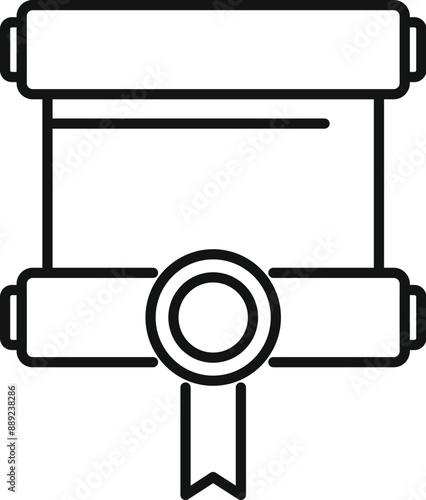 Black outline icon of an official document with a notary stamp and ribbon, representing agreement and legalization