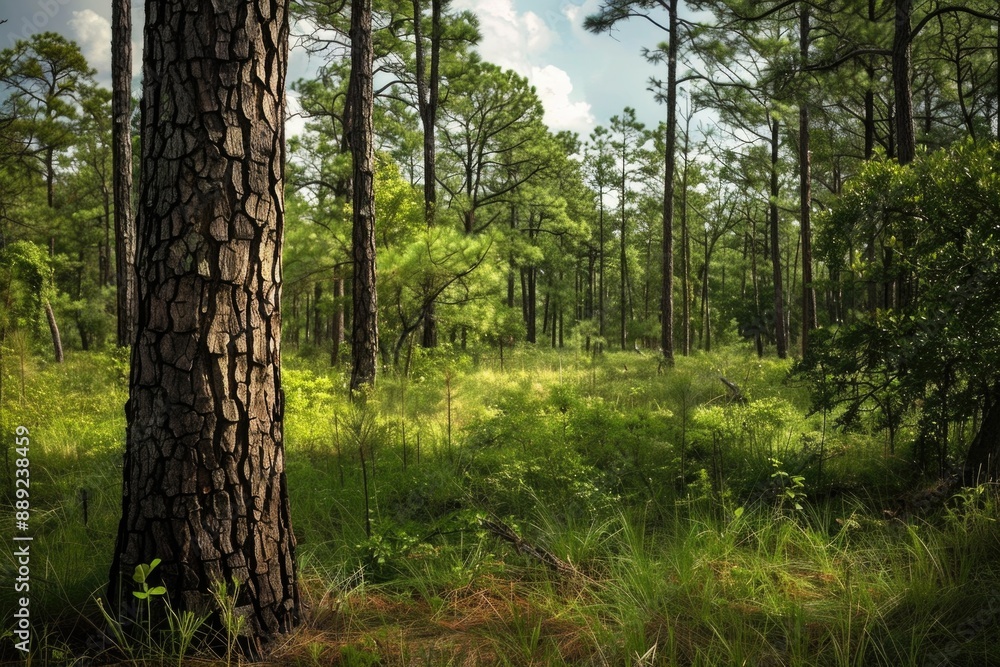 National Forest Landscape with Pine Trees in Green Wooded Area National Forest Landscape with Pine Trees in Green Wooded Area