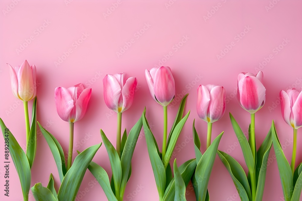 Photo of Pink tulips on pink background, flat lay top view. Web banner with copyspace on the right. Photo of Pink tulips on pink background, flat lay top view. Web banner with copyspace on the right.
