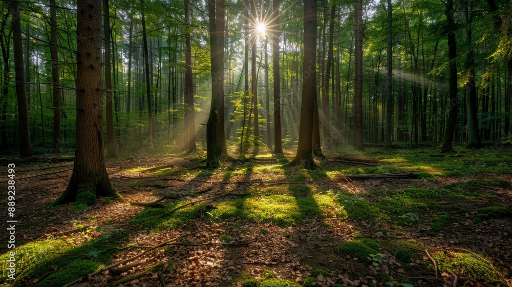 Obraz premium A serene forest scene with sunlight creating dappled patterns on the forest floor.