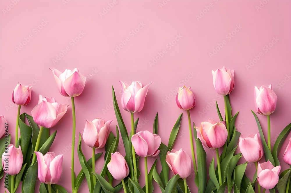 Pink tulips on pink background, flat lay banner with copy space, top view. Happy Mother's Day concept. Flat lay banner of pastel color tulip flowers and leaves for spring or woman day celebration. Pink tulips on pink background, flat lay banner with copy space, top view. Happy Mother's Day concept. Flat lay banner of pastel color tulip flowers and leaves for spring or woman day celebration.