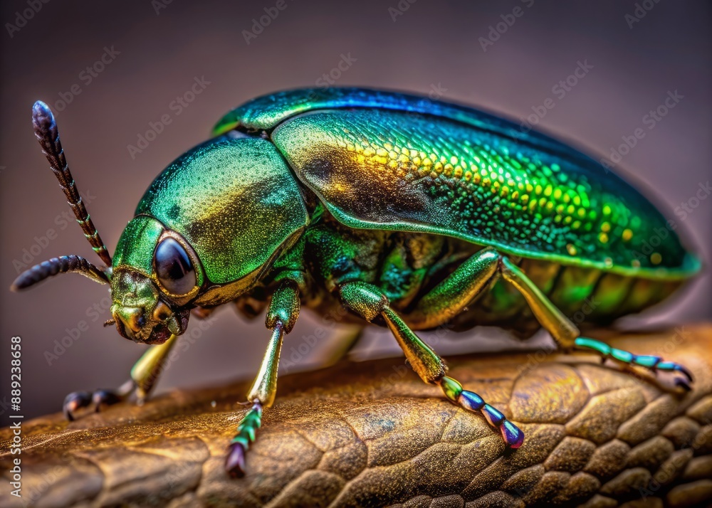 Vibrant macro captures a Buprestidae beetle's iridescent exoskeleton, showcasing emerald green, cobalt blue, and copper hues against a rich, dark brown velvet background. Vibrant macro captures a Buprestidae beetle's iridescent exoskeleton, showcasing emerald green, cobalt blue, and copper hues against a rich, dark brown velvet background.