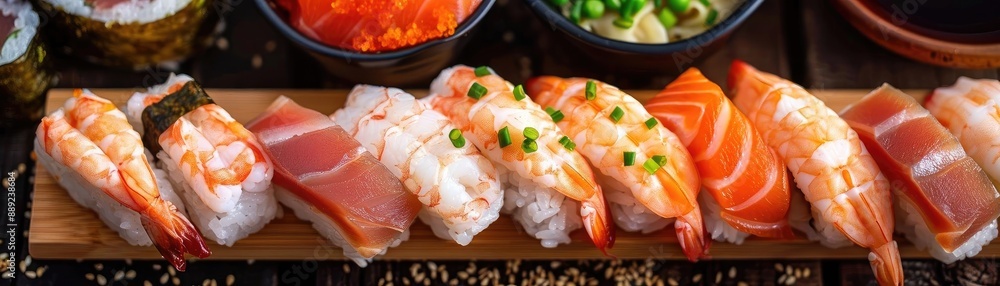 A beautifully plated selection of assorted sushi nigiri with vibrant colors and various toppings, perfect for food enthusiasts and culinary photography. A beautifully plated selection of assorted sushi nigiri with vibrant colors and various toppings, perfect for food enthusiasts and culinary photography.