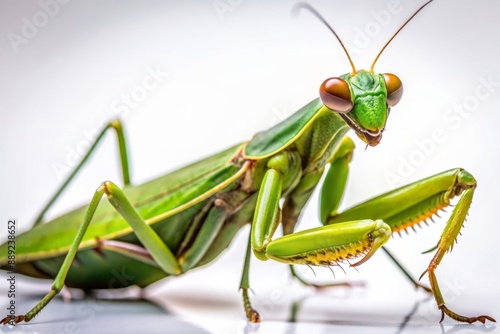 Large green praying mantis perches elegantly on a pure white background, displaying intricate textures and vibrant coloration in a stunning close-up wildlife portrait.