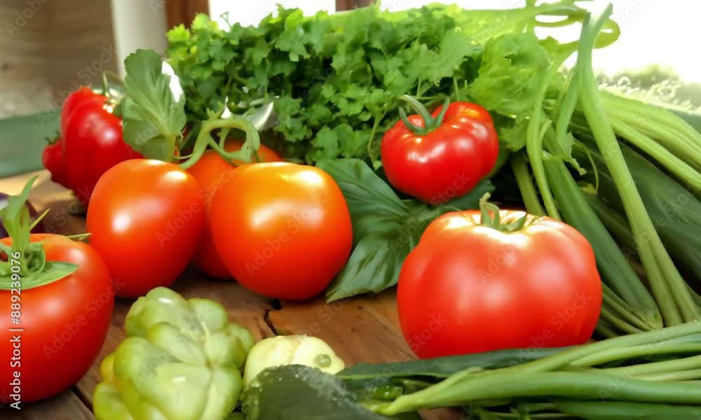 A vibrant top shot of various vegetables, including bright red tomatoes, crisp green bell peppers, deep purple eggplants, and sunny yellow corn A vibrant top shot of various vegetables, including bright red tomatoes, crisp green bell peppers, deep purple eggplants, and sunny yellow corn