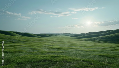 Rolling Green Hills Under Expansive Sky, Serene Landscape, Peaceful Nature, Steppe of Kazakhstan, Banner with Copy Space