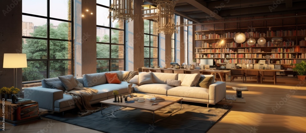 Modern Living Room with Large Windows and a Cozy Sofa Modern Living Room with Large Windows and a Cozy Sofa