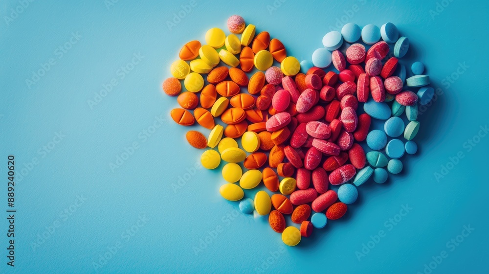 Heart shaped multicolored pills on blue gradient background representing daily vitamin dosage and healthcare concept Heart shaped multicolored pills on blue gradient background representing daily vitamin dosage and healthcare concept