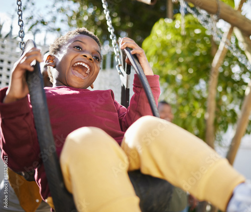 Valokuva Swing, happy kid and black boy in playground for games, freedom and weekend fun