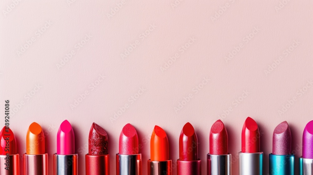 Obraz premium Colorful lipsticks against blank backdrop for text placement