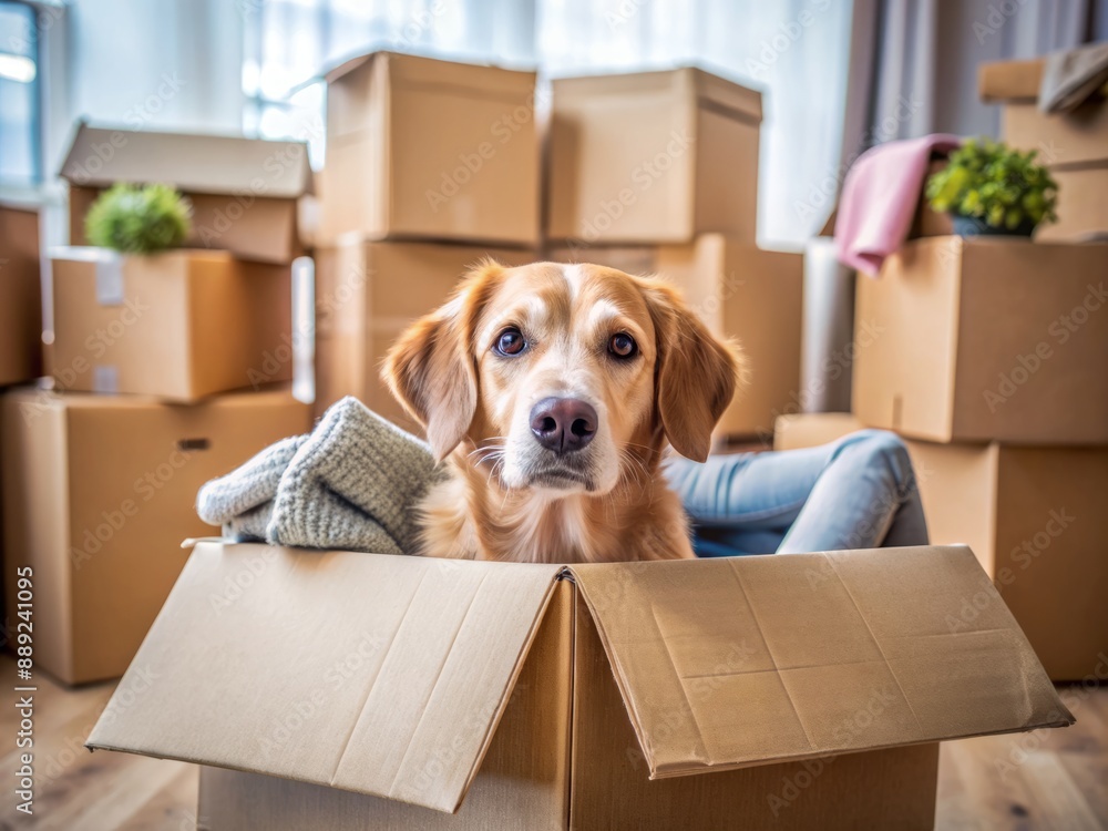 Fototapeta premium Adorable dog peeking out of cardboard box amidst scattered packing materials, symbolizing excitement and chaos of family relocation to a new home.
