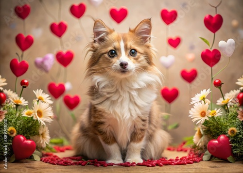 Adorable furry friend awaits forever home, surrounded by hearts and flowers, at a cozy animal shelter, promoting love, care, and adoption of rescued pets. photo