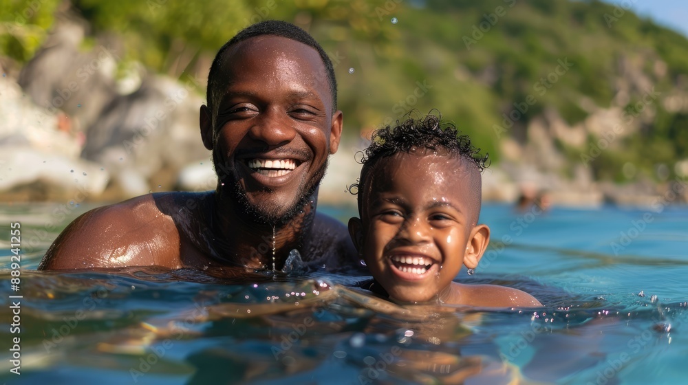father and child swimming in water while summer vacation father and child swimming in water while summer vacation