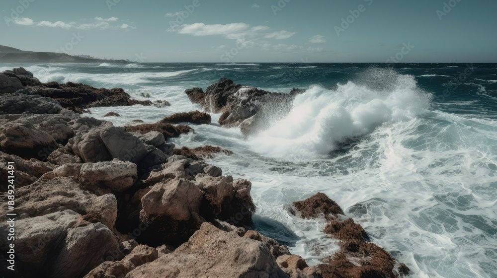 Dramatic Waves Crashing Against Rocky Shore Dramatic Waves Crashing Against Rocky Shore
