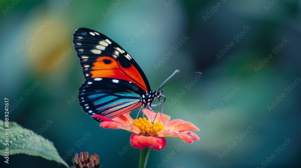 Naklejka premium Macro shot of a butterfly perched on a flower, showcasing its vibrant colors and delicate wings.