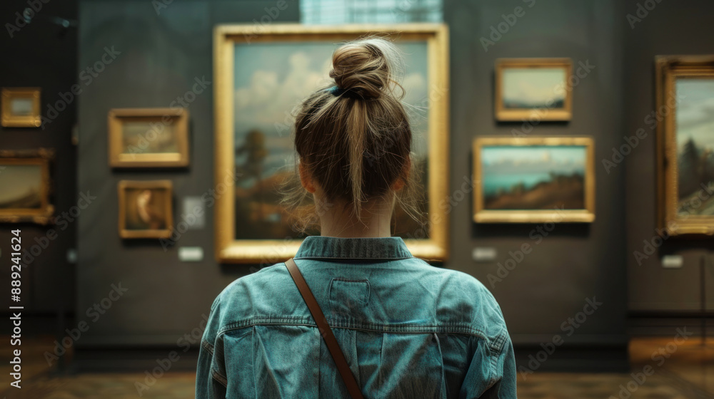 Woman at an artwork museum, standing in front of a photo frame, deeply engaged in the details of the art piece Woman at an artwork museum, standing in front of a photo frame, deeply engaged in the details of the art piece