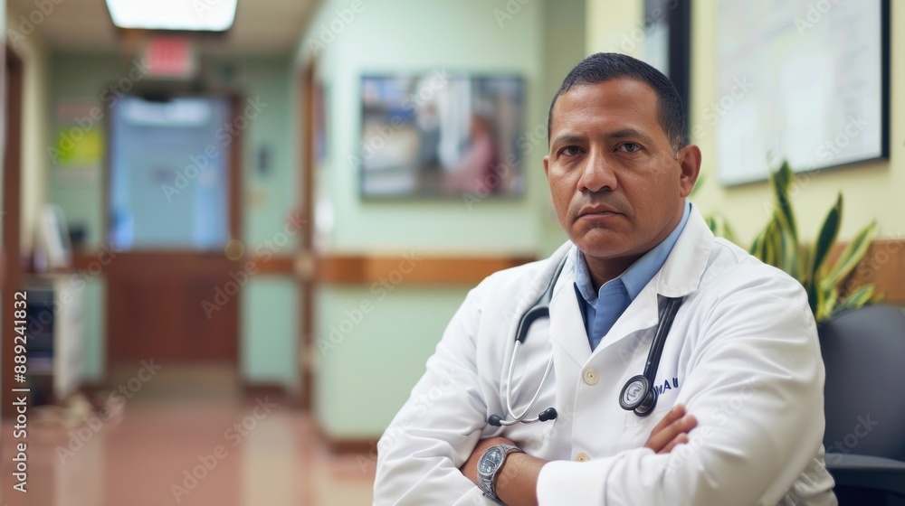 Hispanic doctor waiting in the reception area of his clinic Hispanic doctor waiting in the reception area of his clinic
