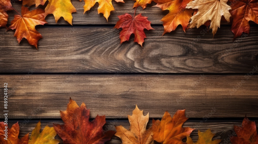 Autumn Leaves on Rustic Wooden Background