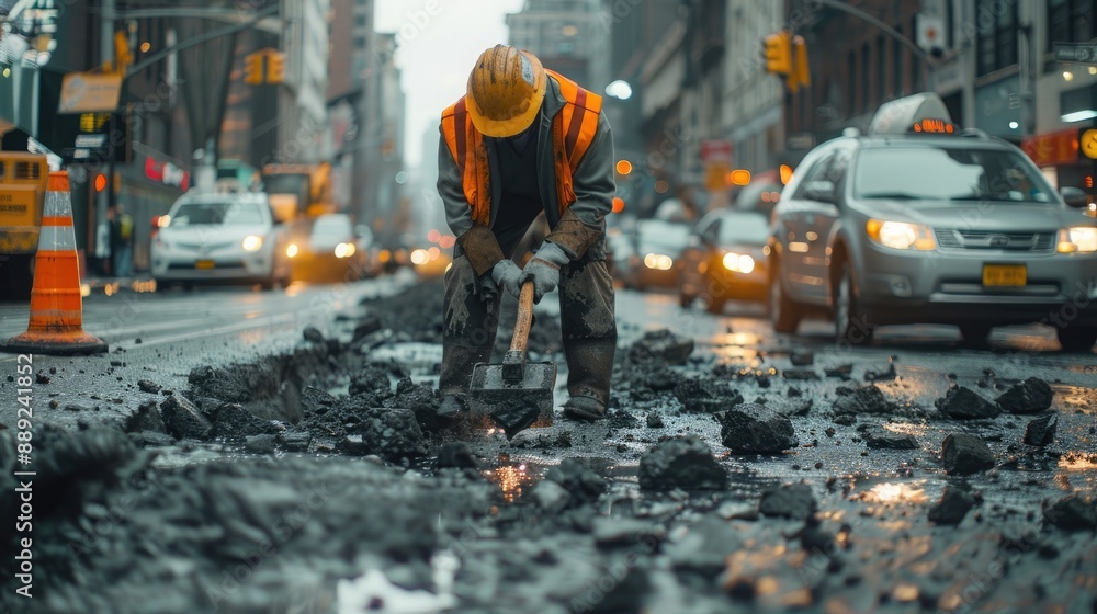 A construction worker in a neon vest and hard hat works on tearing up the asphalt on a busy city street amidst traffic and orange cones. A construction worker in a neon vest and hard hat works on tearing up the asphalt on a busy city street amidst traffic and orange cones.