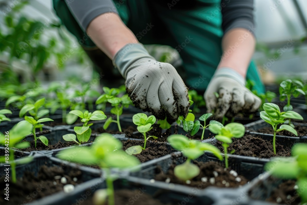 Gardener planting young seedlings in greenhouse. Hands working with soil and plants in springtime. Organic farming and sustainable agriculture. Gardener planting young seedlings in greenhouse. Hands working with soil and plants in springtime. Organic farming and sustainable agriculture.