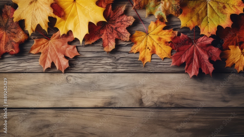 Colorful Autumn Leaves on Wooden Plank Colorful Autumn Leaves on Wooden Plank