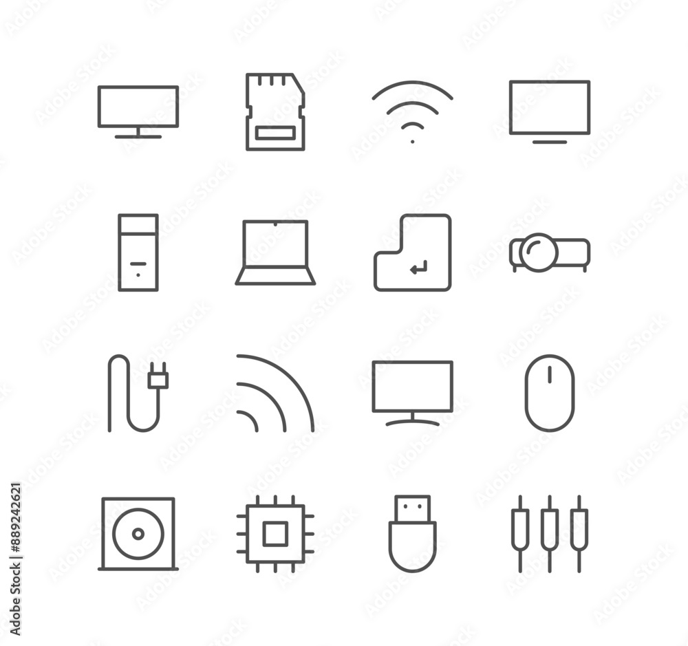 Set of computer and component icons, monitor, cable, adapter, mouse and linear variety vectors.
Set of computer and component icons, monitor, cable, adapter, mouse and linear variety vectors.