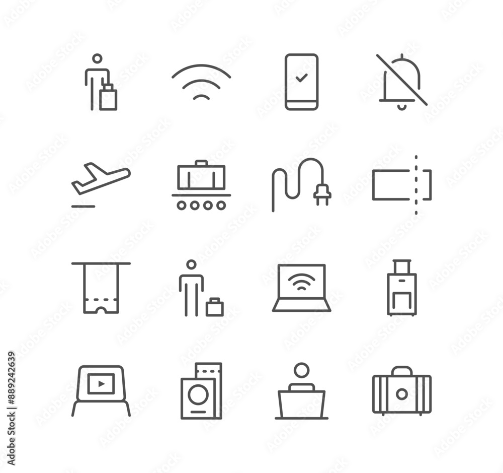 Set of airport and travel icons, departure, arrival, tourism, flight, plane, ticket and linear variety vectors.
Set of airport and travel icons, departure, arrival, tourism, flight, plane, ticket and linear variety vectors.