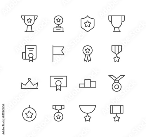 Set of victory and award icons, ribbon, trophy, medal, cup, diploma, champion and linear variety vectors.	
