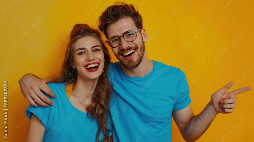 Fototapeta premium Young couple in matching blue clothes, smiling and pointing aside, yellow studio background, lifestyle concept, mock-up space