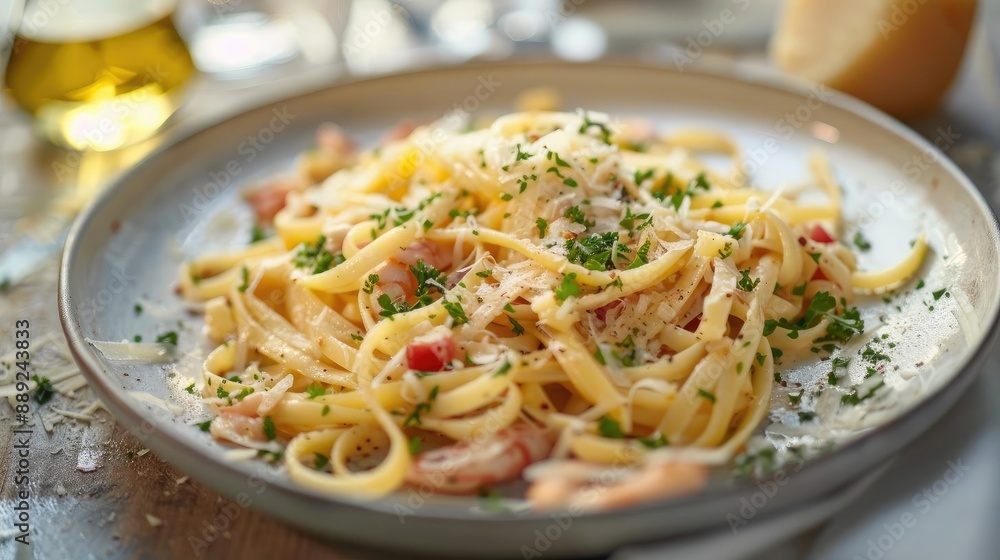 A delicious plate of fettuccine pasta with ham, garnished with herbs and grated cheese, served on a restaurant table. A delicious plate of fettuccine pasta with ham, garnished with herbs and grated cheese, served on a restaurant table.