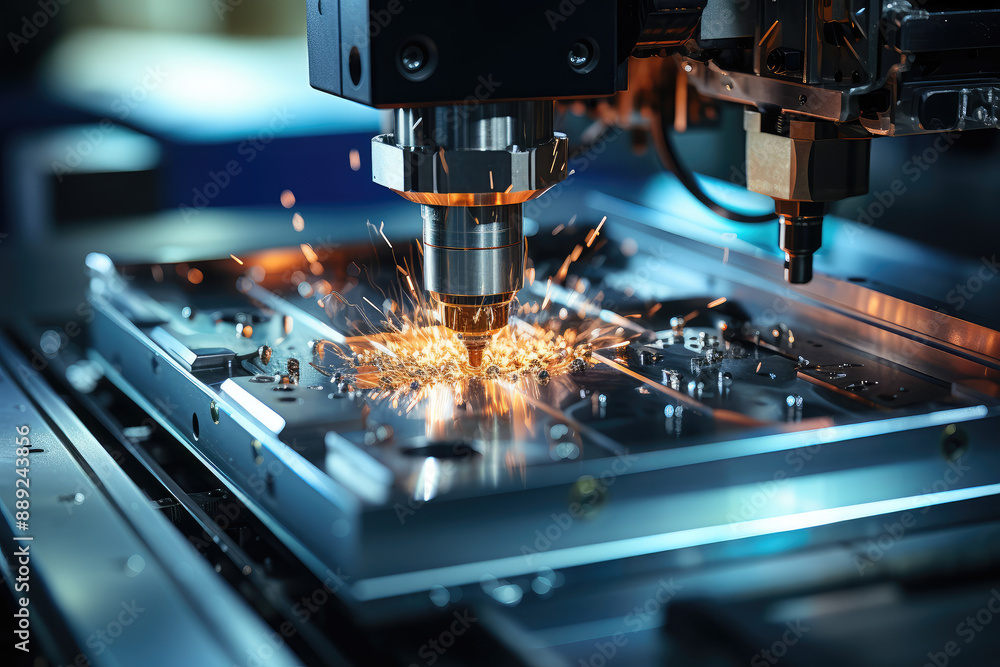 Precision CNC Machining with Sparks and Metallic Detail