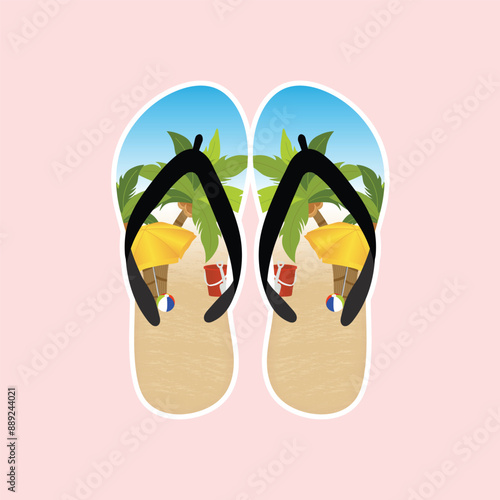Summer time background. Summer beach flip flop. Top view on umbrella, beach tree, bucket, fresh cocktail, flip flops, beach ball, flower and sea sand on wooden texture. Vector illustration. 
