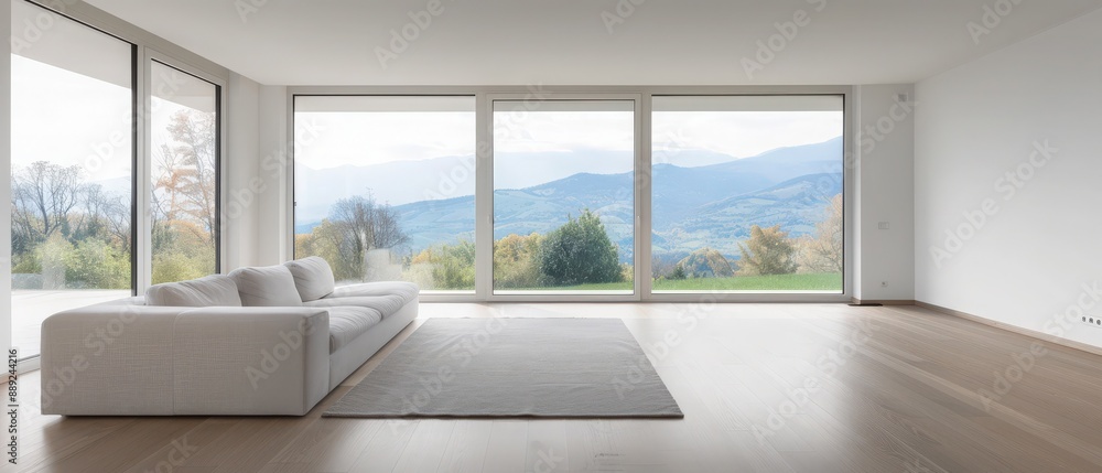 Minimalist living room with large windows showcasing a beautiful mountain view. Modern furniture and open space design. Minimalist living room with large windows showcasing a beautiful mountain view. Modern furniture and open space design.