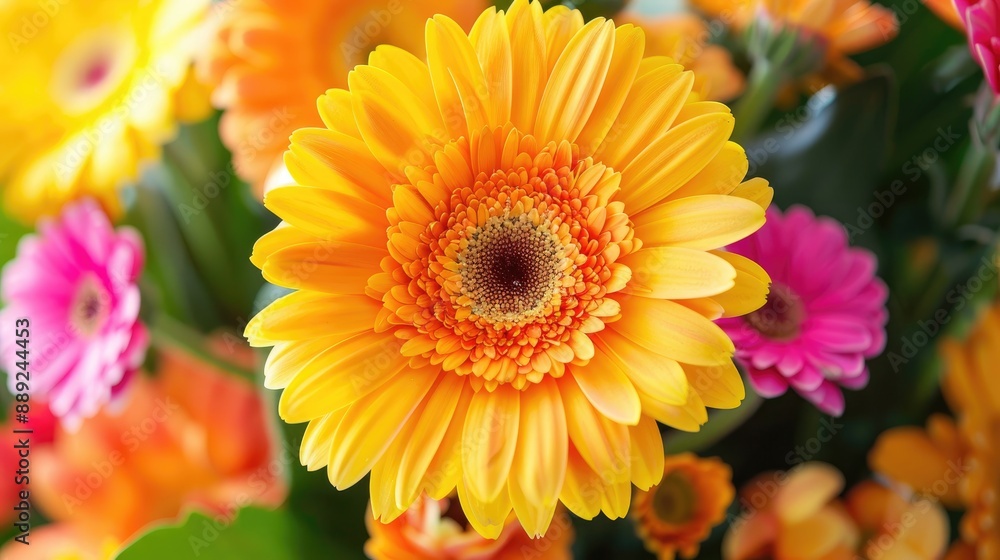 Close up of bright yellow gerbera flower in a variety of blooms Close up of bright yellow gerbera flower in a variety of blooms