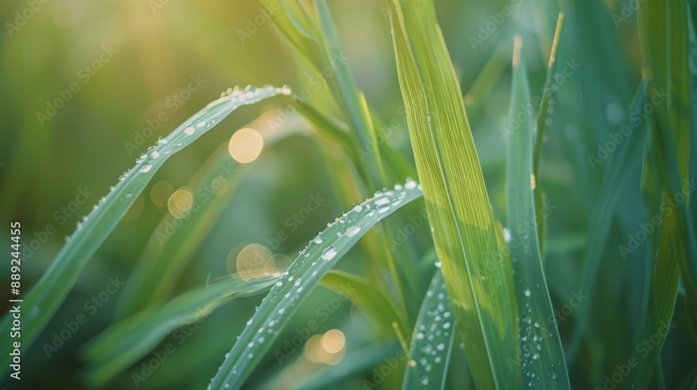 Fototapeta premium Morning dew on the leaves of a grass blade, with a soft bokeh background.