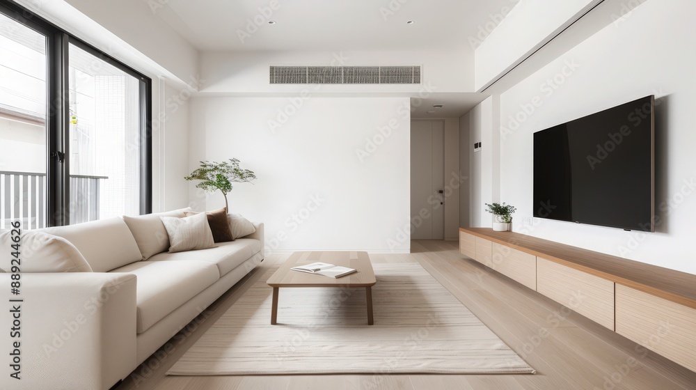 Modern minimalist living room with a comfortable sofa, flat-screen TV, wooden coffee table, and large windows for natural light. Modern minimalist living room with a comfortable sofa, flat-screen TV, wooden coffee table, and large windows for natural light.