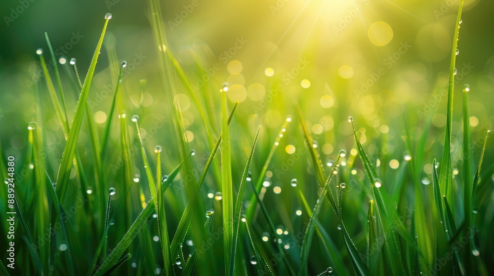 Fototapeta premium Close up of dew covered fresh green grass in a natural setting