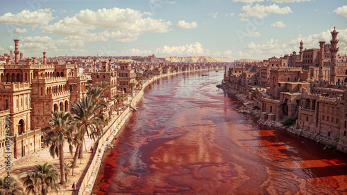 Plagues of Egypt - Ancient Egyptian city with water in Nile river turned into blood. Ornate buildings line riverbanks. Palm trees, cloudy sky. Biblical first plague concept. Dramatic red water.