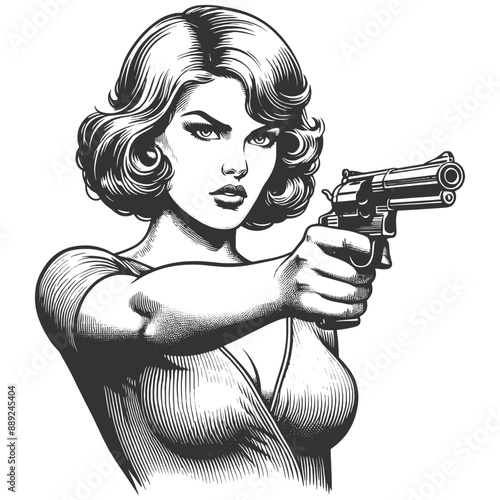 Woman femme fatale confidently wielding a revolver, classic embodiment of film noir aesthetics sketch engraving generative ai fictional character vector illustration. Black and white image.