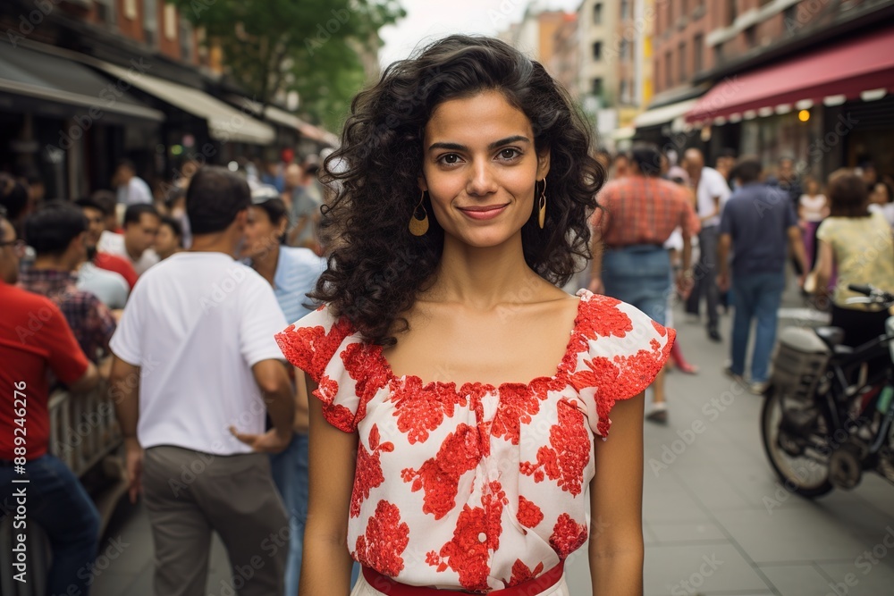 Obraz premium A woman in a red and white floral dress stands in a busy street