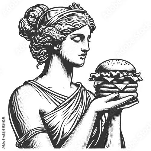 classical woman statue with burger, ancient art with modern fast food culture sketch engraving generative ai fictional character vector illustration. Scratch board imitation. Black and white image.